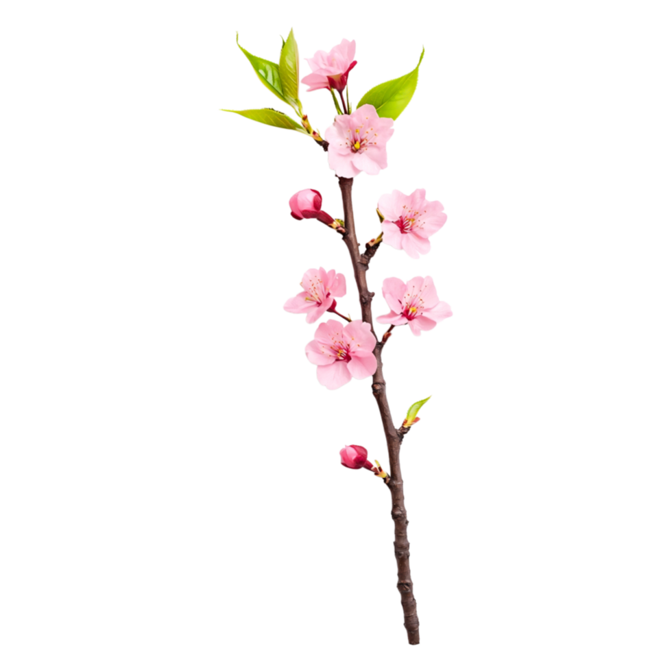 Delicate Cherry Blossom Branch with Pink Flowers and Fresh Leaves png