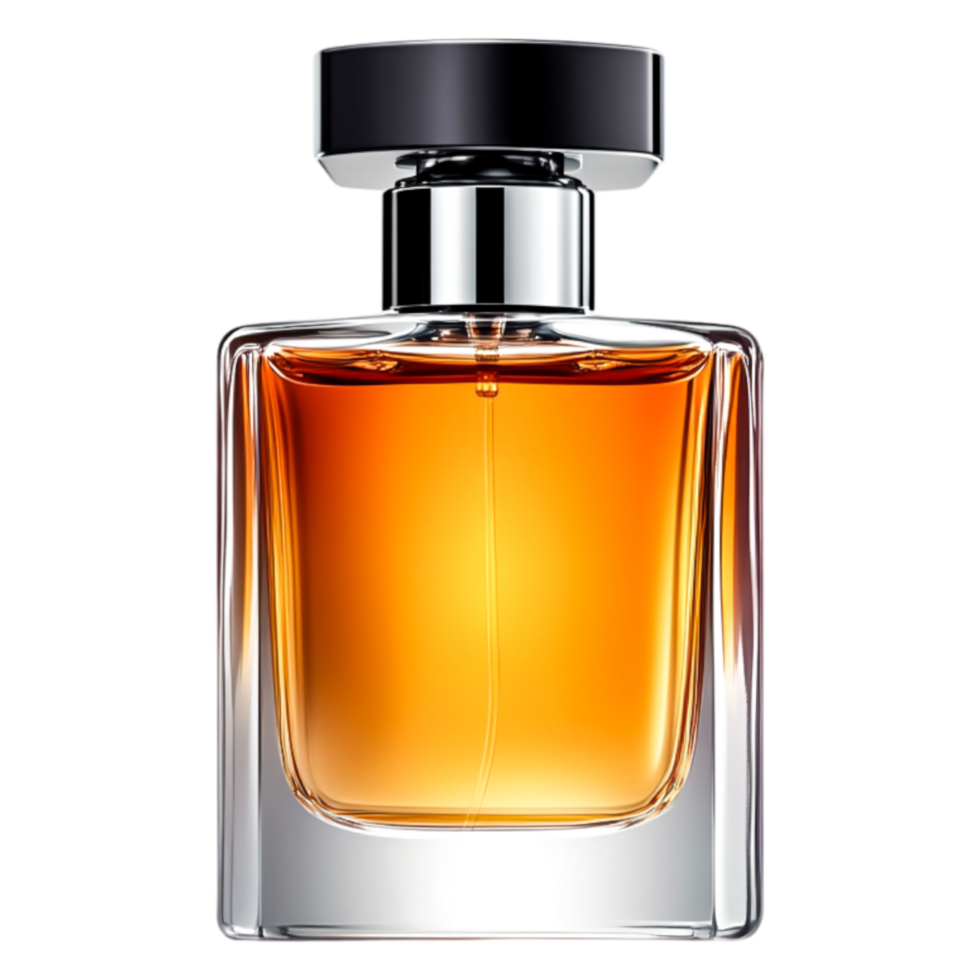 A Elegant Glass Perfume Bottle with Amber Liquid and Black Cap png