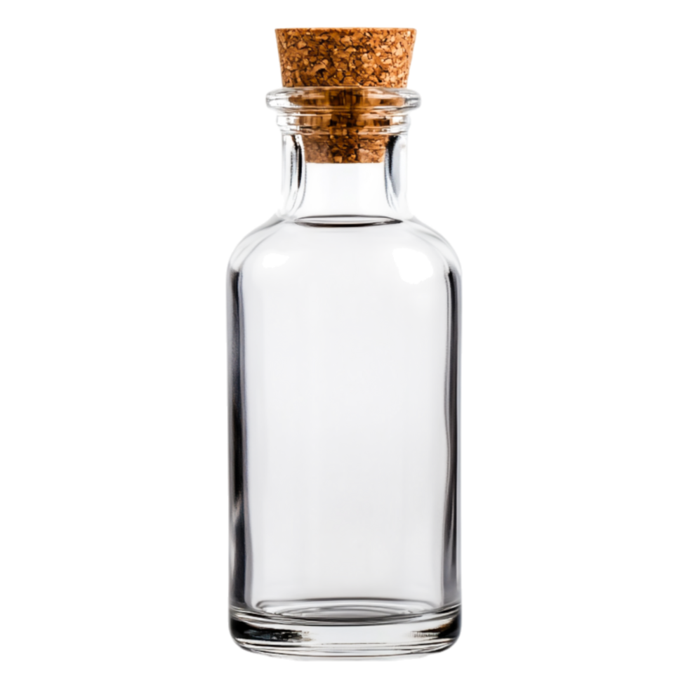 Clear Glass Bottle with Cork Stopper and Empty Interior Space png