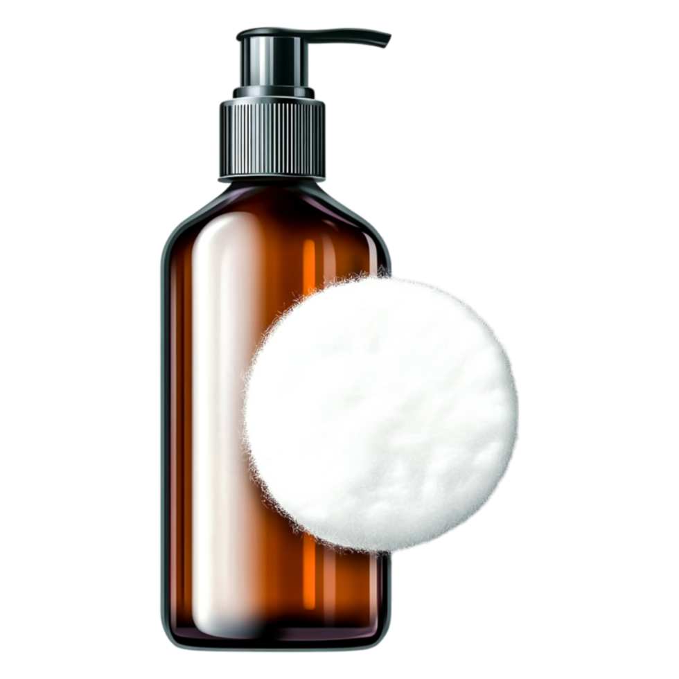 Brown Glass Bottle with Pump and Cotton Pad for Skincare Routine png