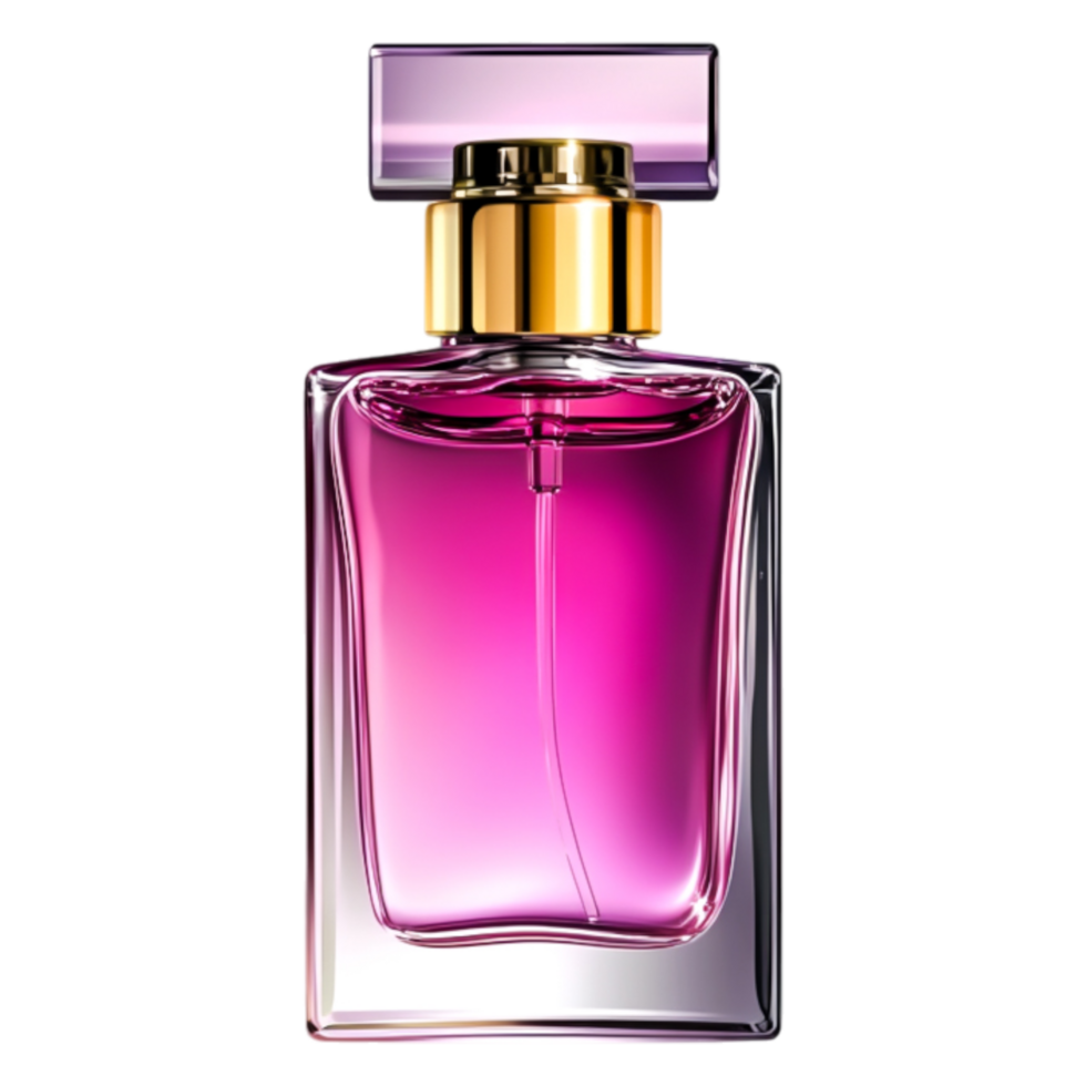 Elegant pink fragrance bottle with golden cap and stylish design png