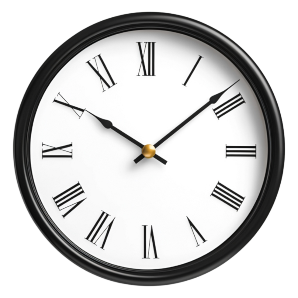 Classic Wall Clock with Roman Numerals and Black Frame Design png