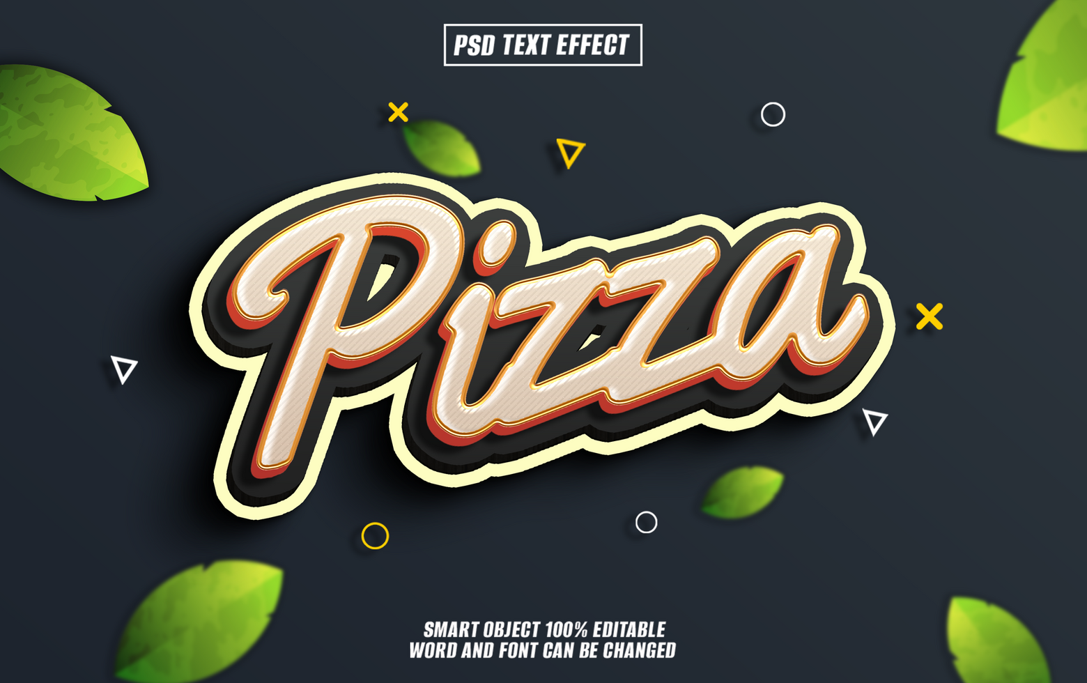 pizza text effect with green leaves on dark background. psd