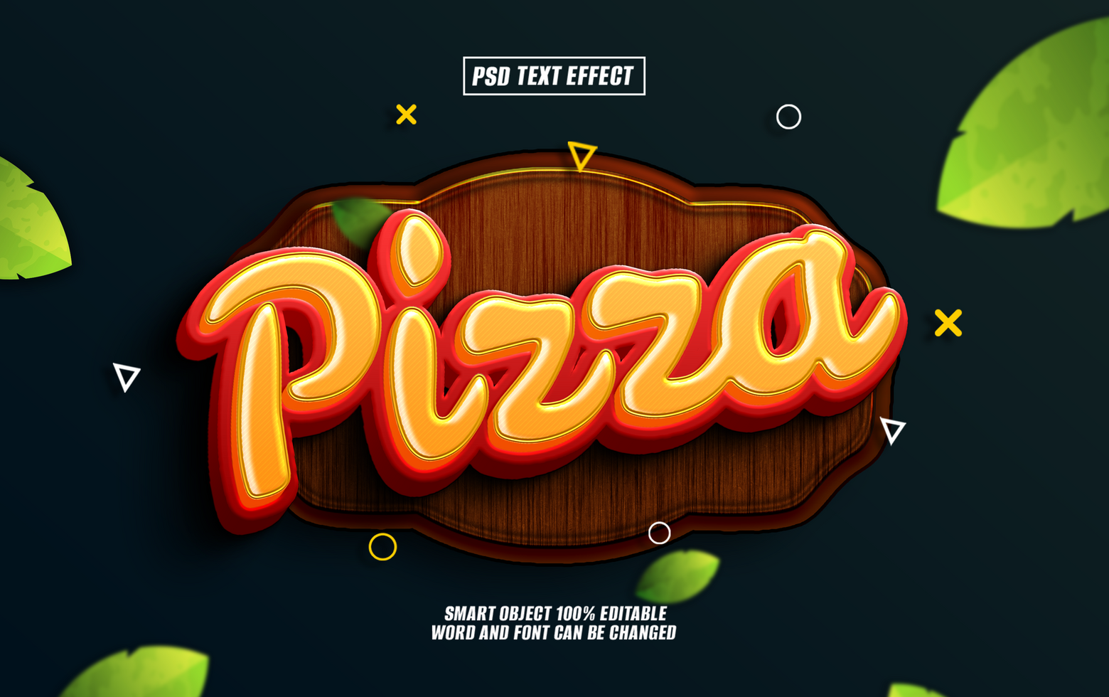 3D stylized Pizza text effect on wooden sign with leaves. psd