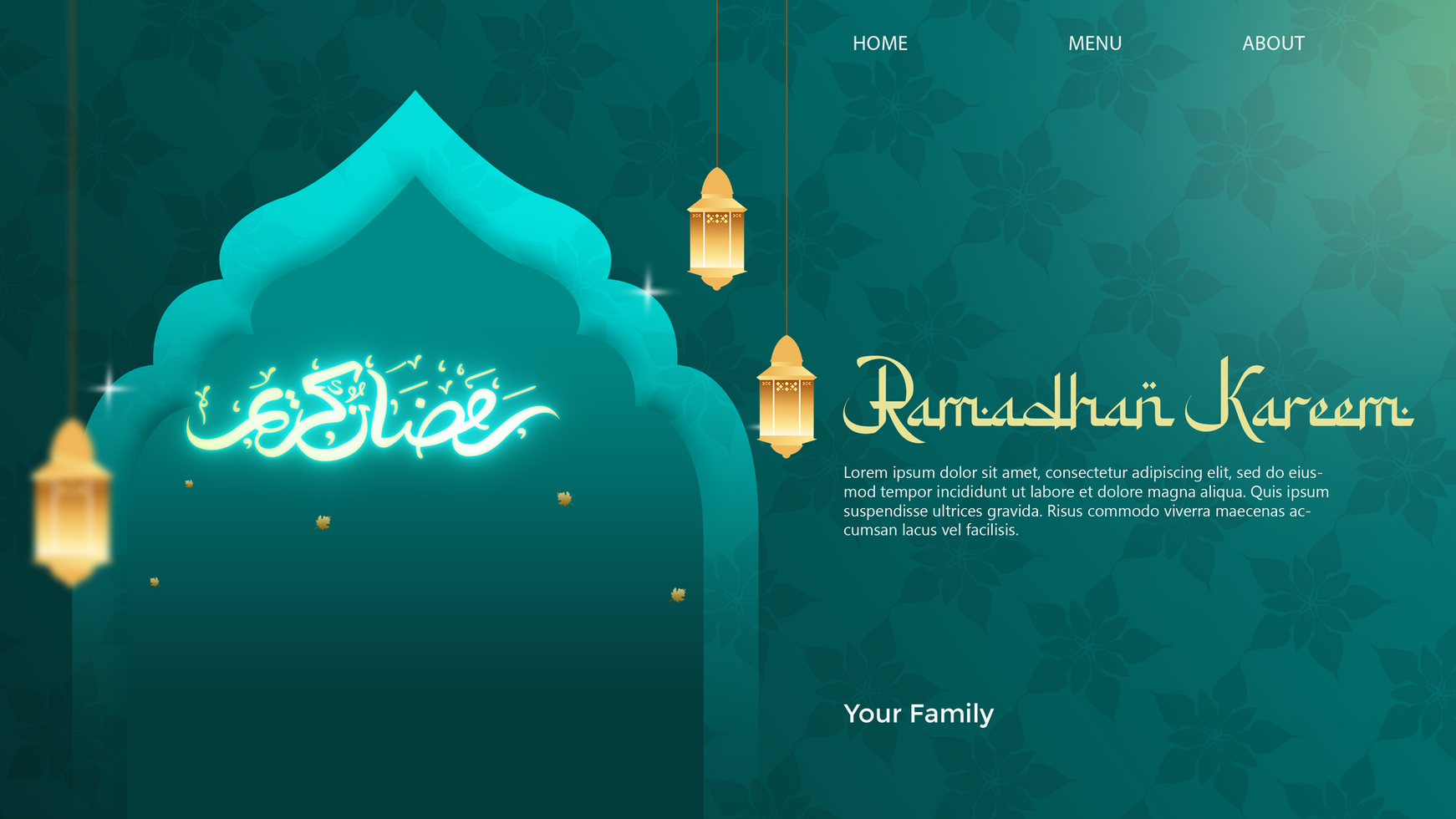 Ramadan kareem greeting card design with arabic calligraphy and lanterns on psd
