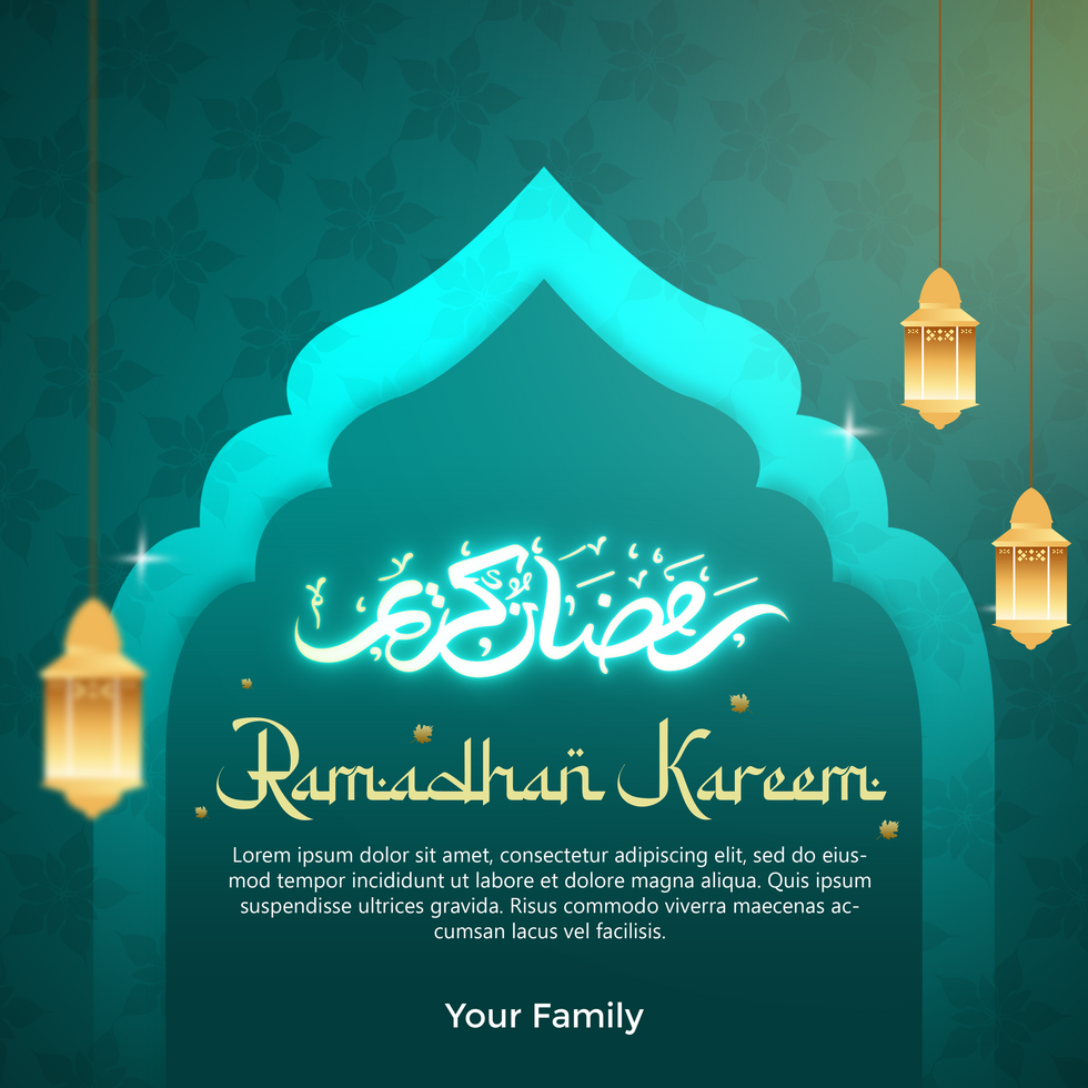 Ramadan kareem greeting card with arabic calligraphy and lanterns on green psd