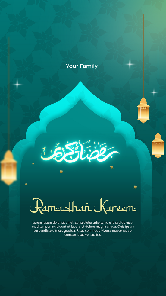 Ramadan kareem greeting card with lanterns and arabic calligraphy psd