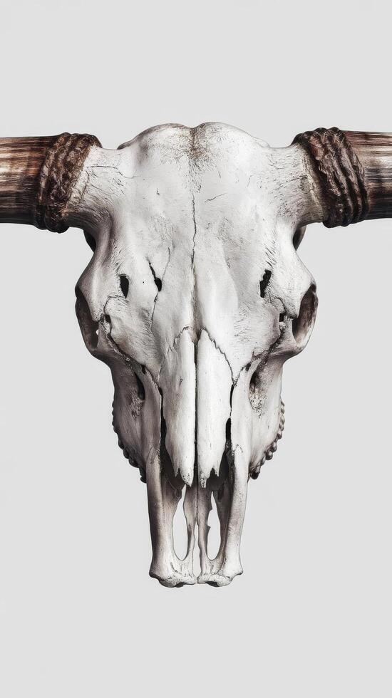Horns and the skull of a bull isolated on white background photo