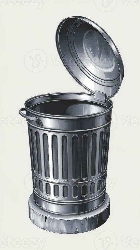 A metal trash can with a lid open photo