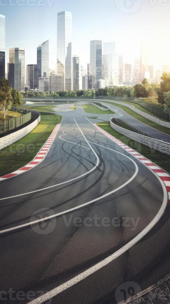 An empty track with a city skyline in the background photo
