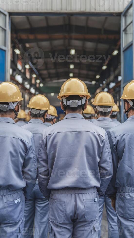 A group of workers in hard hats standing in front of a factory photo