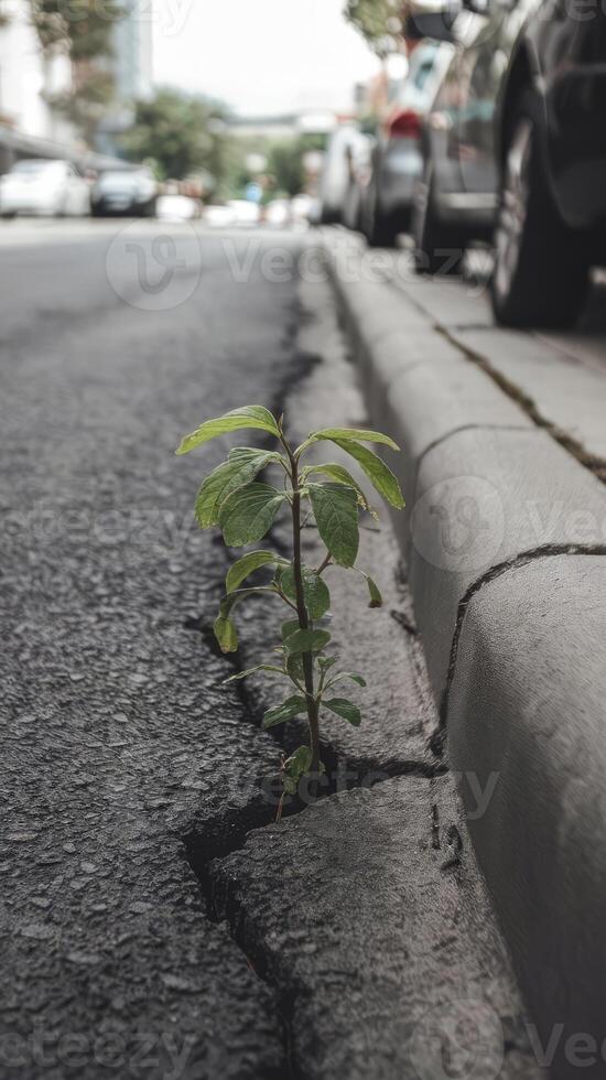 A plant growing out of a crack in the road photo