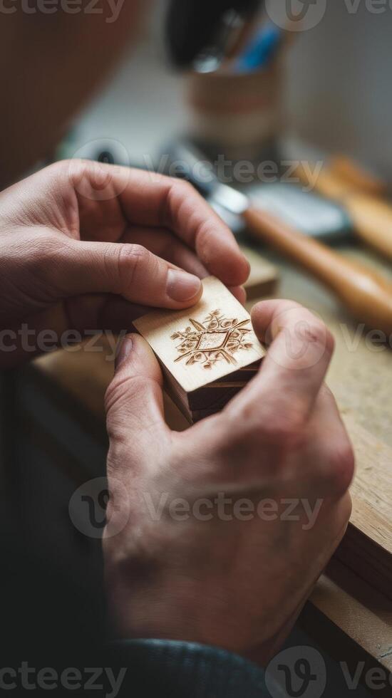 A person is working on a wooden block with a flower on it photo