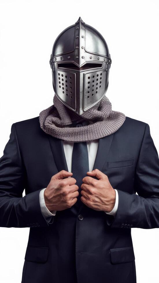 Creative image a man in a suit of a businessman a knights helmet on his head on a white background the concept of a modern hero overcoming difficulties crisis management magazine style photo