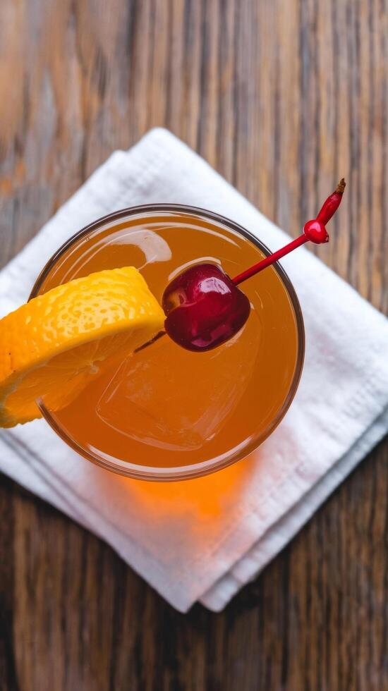 Cocktl bulvardye whiskey and orange liquor alcoholic cocktl in a glass on a wooden background top view free copy space photo