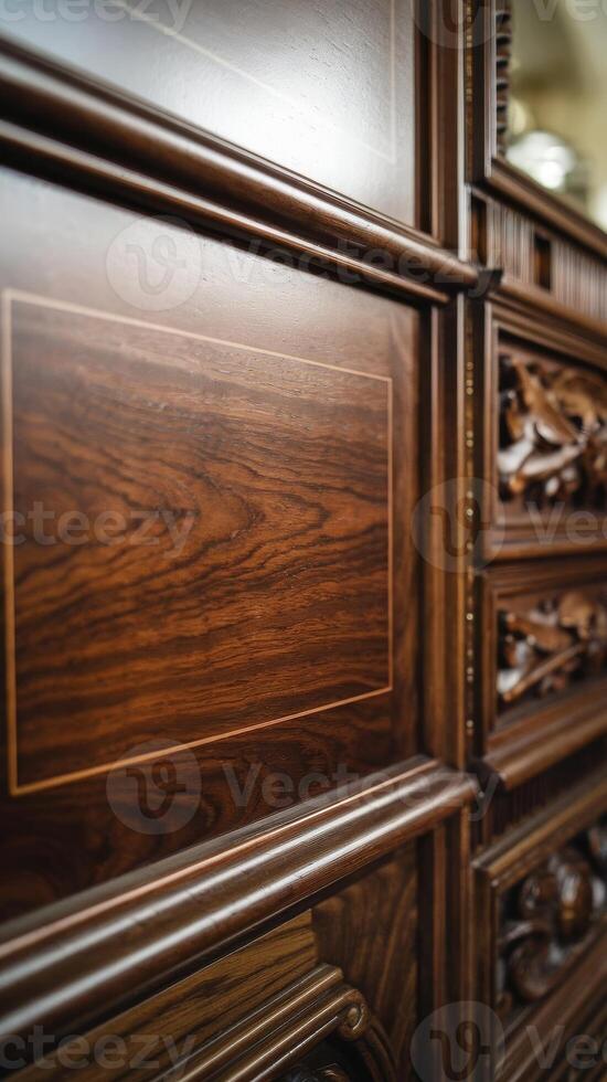 Close up of a wooden cabinet with intricate carvings photo