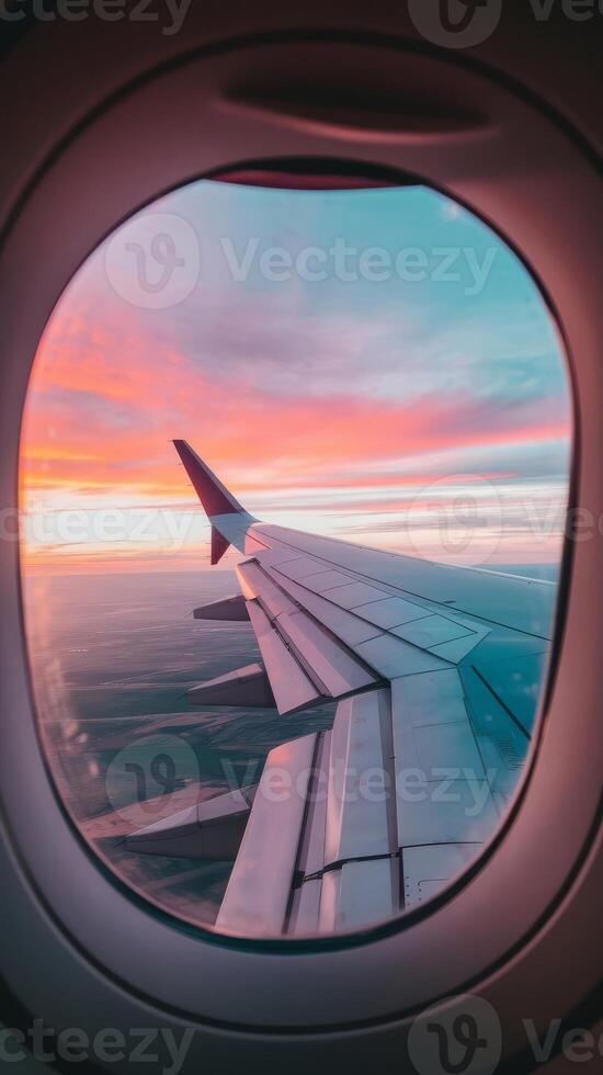 An airplane window with the wing seen through it photo