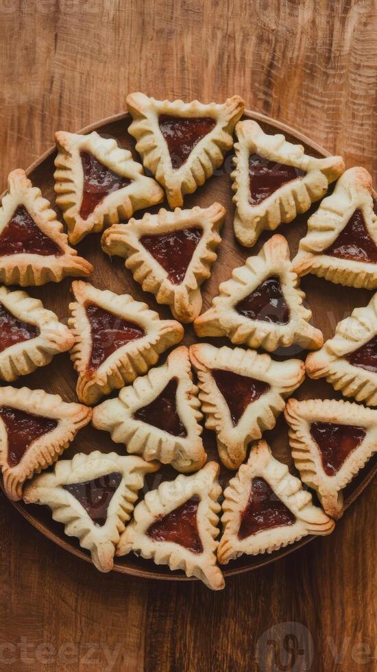 An assortment of triangular shaped cookies on a wooden table photo