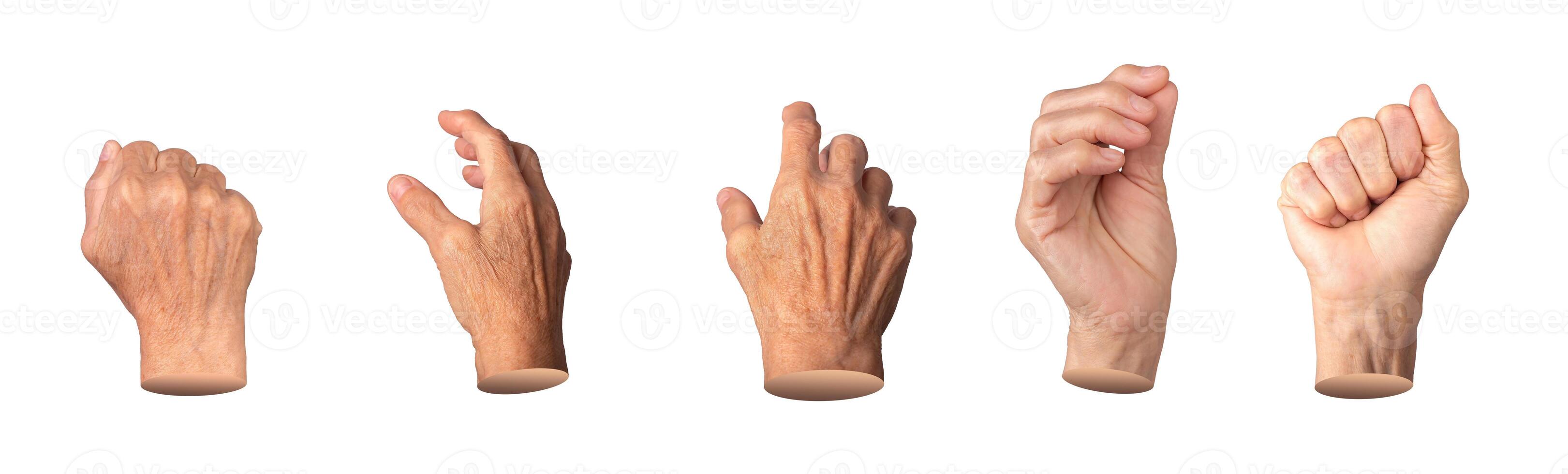 Set of elderly female hands in various gestures, including gripping, reaching, clenching, and photo