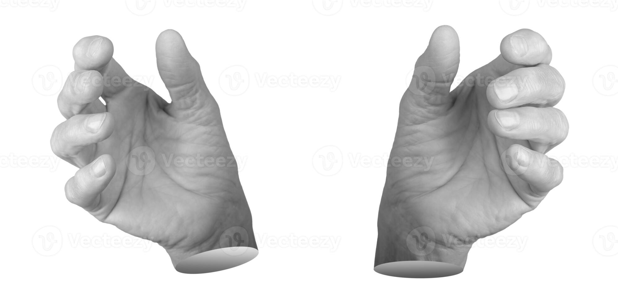 Elderly female hand outstretched in a grasping gesture, fingers slightly curled as if reaching or photo