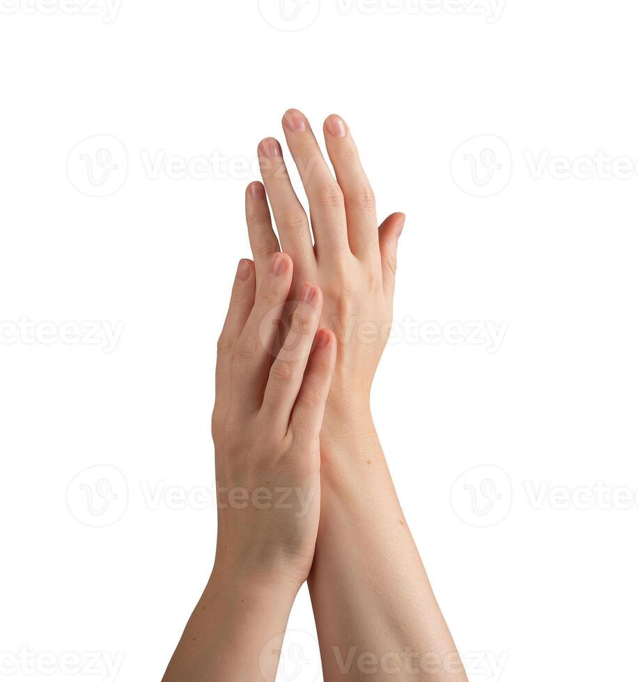 Female hands with sleek, polished nails, demonstrating perfect manicure and beauty care. Symbolizing photo