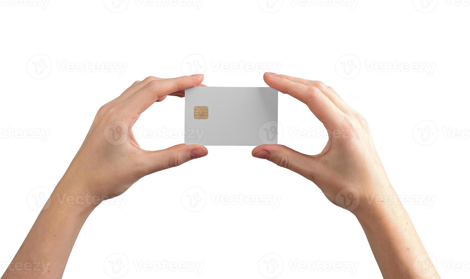 Female hands holding a credit card with a chip, showcasing it for payment or promotion. Isolated on photo