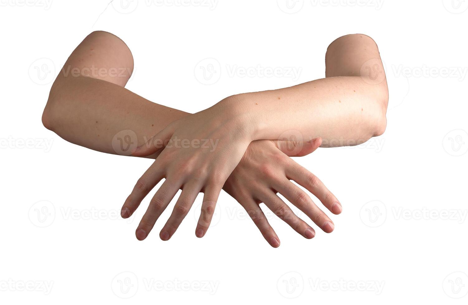 Female hands with well-groomed, glossy nails elegantly crossed, highlighting beauty, skincare, and photo
