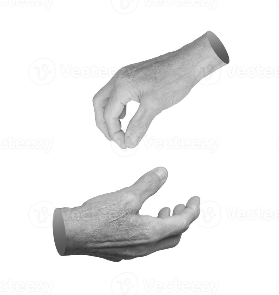 Elderly female hand in a pinching gesture, fingers slightly curled as if picking or begging. photo