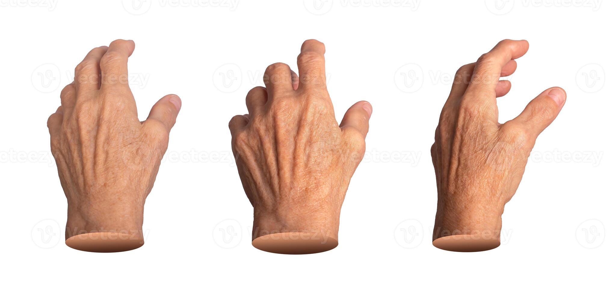 Elderly female hand outstretched with an open palm, fingers slightly curved as if reaching or photo