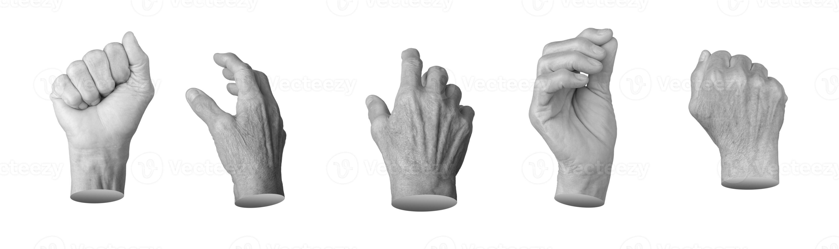 Set of elderly female hands making various gestures, including clenched fist, grabbing, reaching, photo