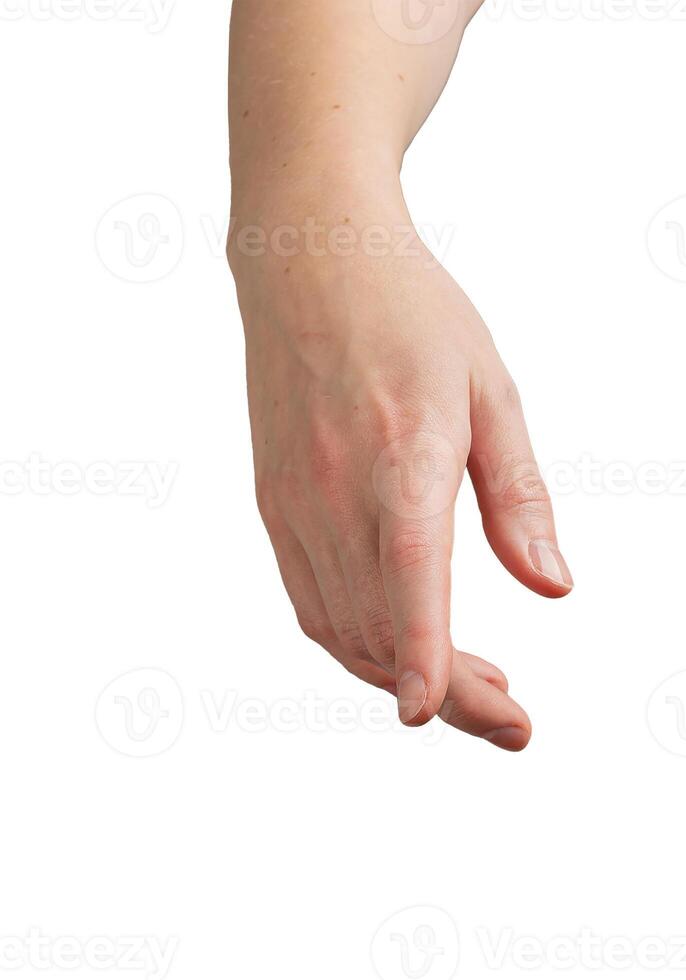 Female hand with index finger gracefully extended, gently pressing downward as if making a selection photo