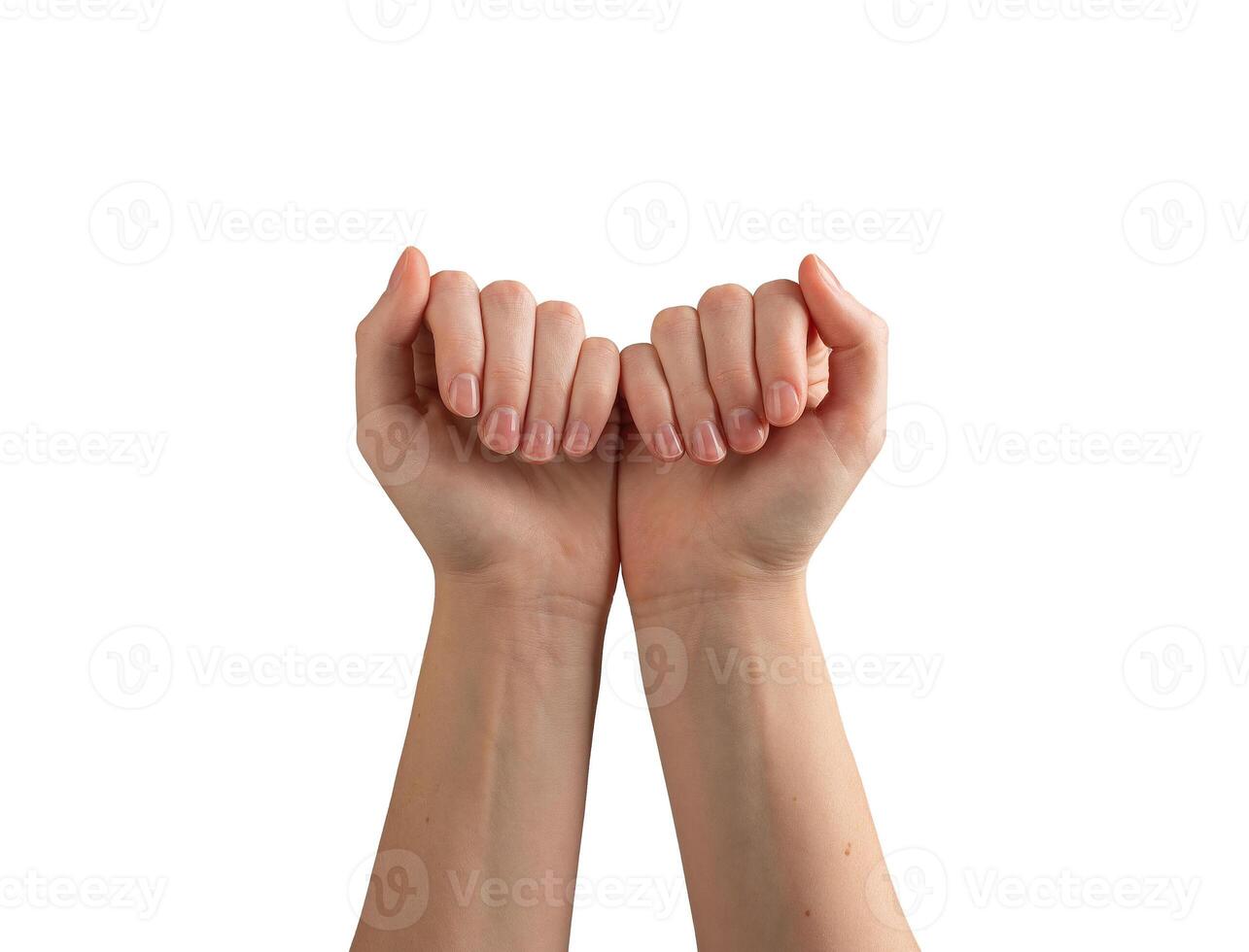 Female hands with glossy, polished nails, gently gesturing and demonstrating self-care and wellness. photo