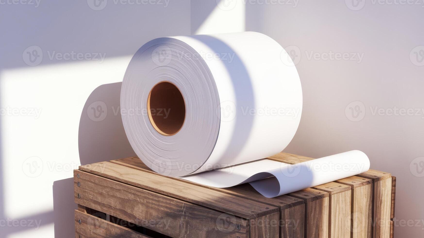 A roll of toilet paper sitting on top of a wooden box photo