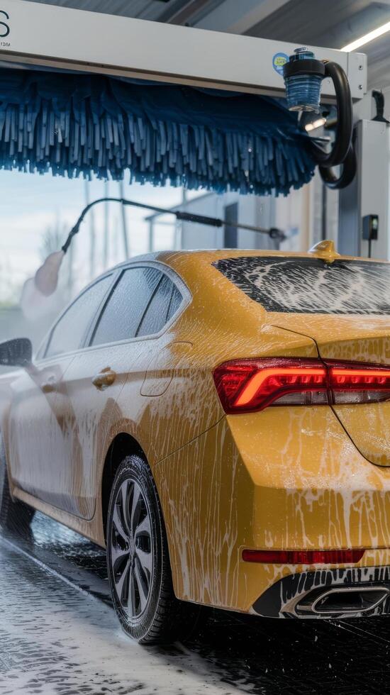 Washing a yellow car at a contactless selfservice car wash washing a sedan car with foam and highpressure water photo