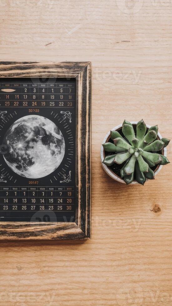 A calendar with a moon on it and a plant photo