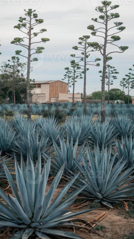 Agave plants in a field with tall trees photo