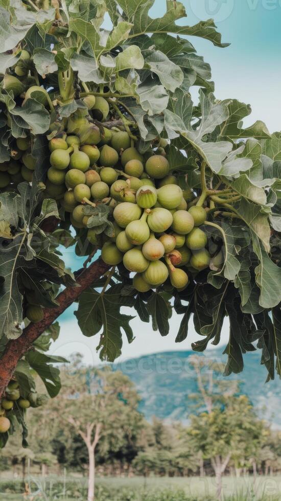 A tree with many green fruits hanging from it photo