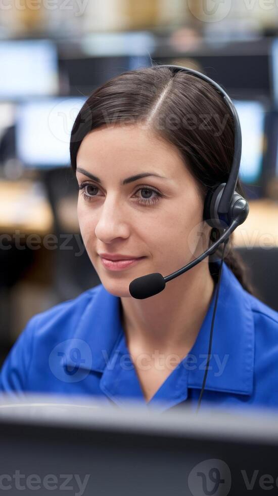 A woman wearing a headset in an office photo
