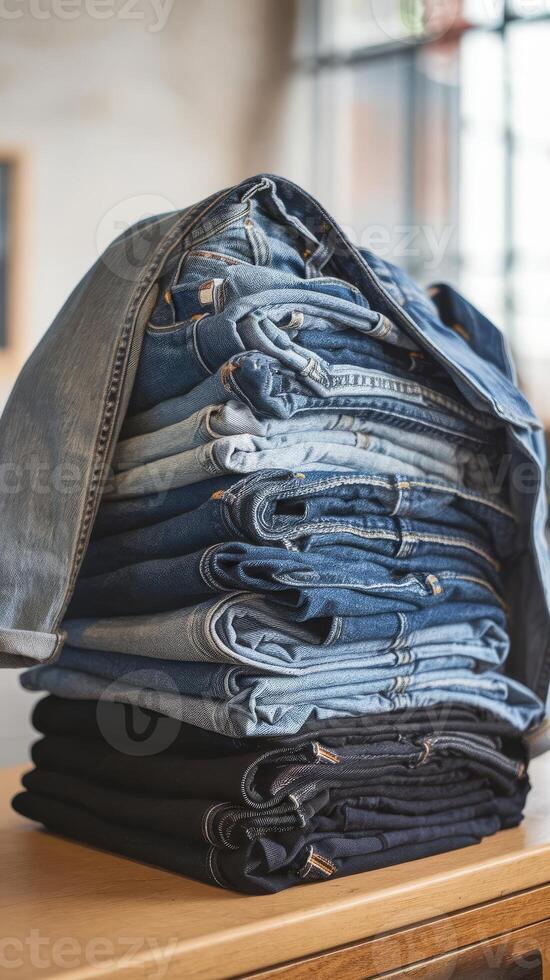 A stack of jeans on a wooden table photo