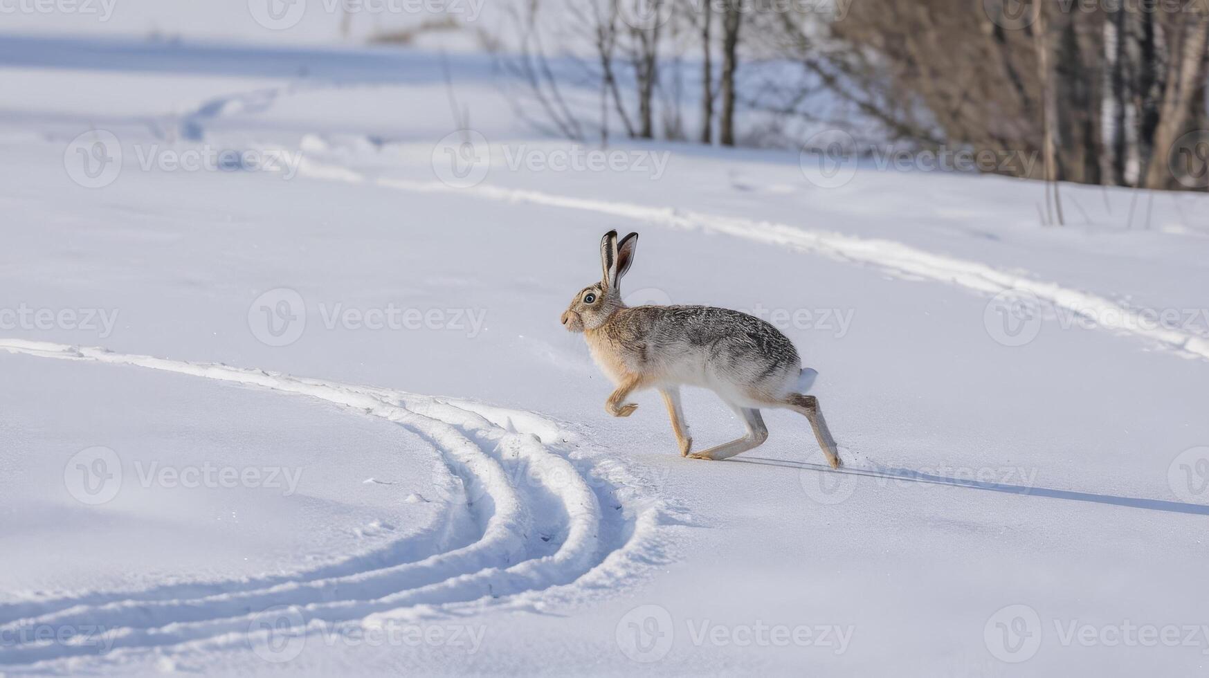 A hare running across a snowy field photo