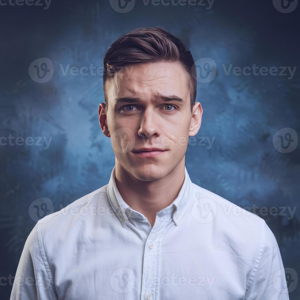 A young man in a white shirt looking at the camera photo