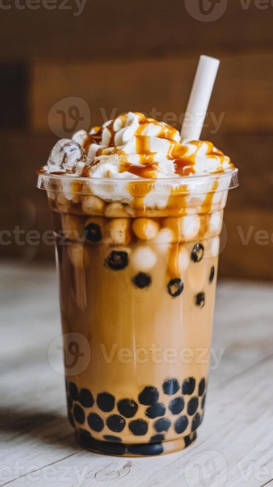 A bubble tea with a straw and a white cup photo