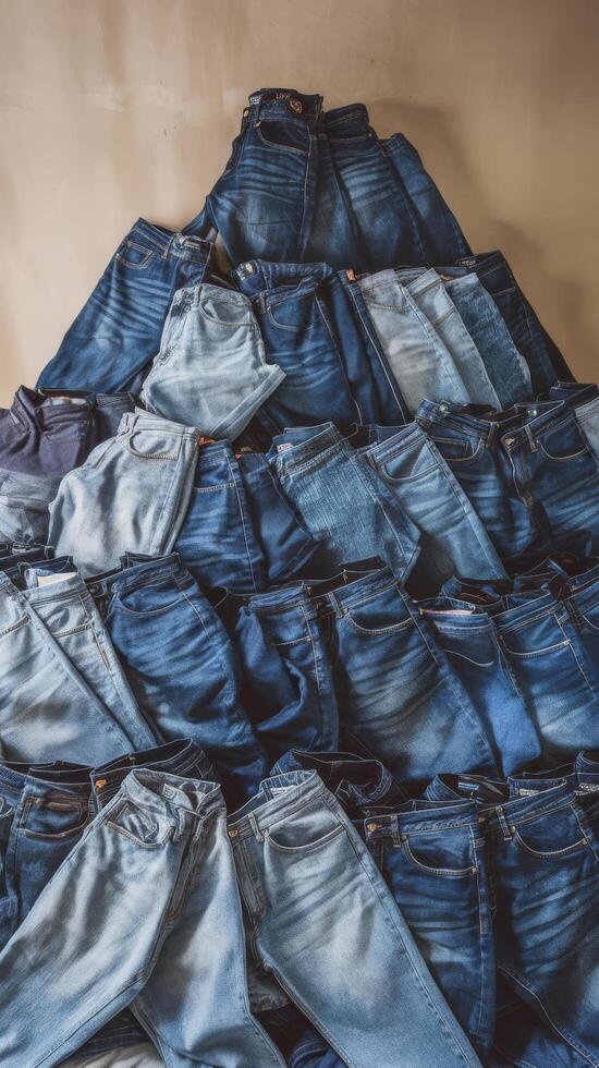 Many denim blue jeans background photo