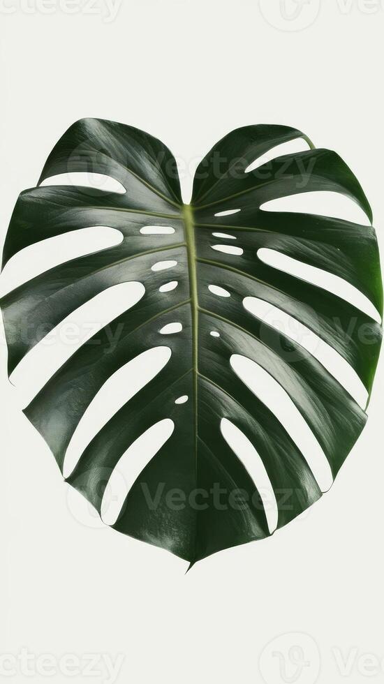 A large green monstera leaf is shown on a white background photo