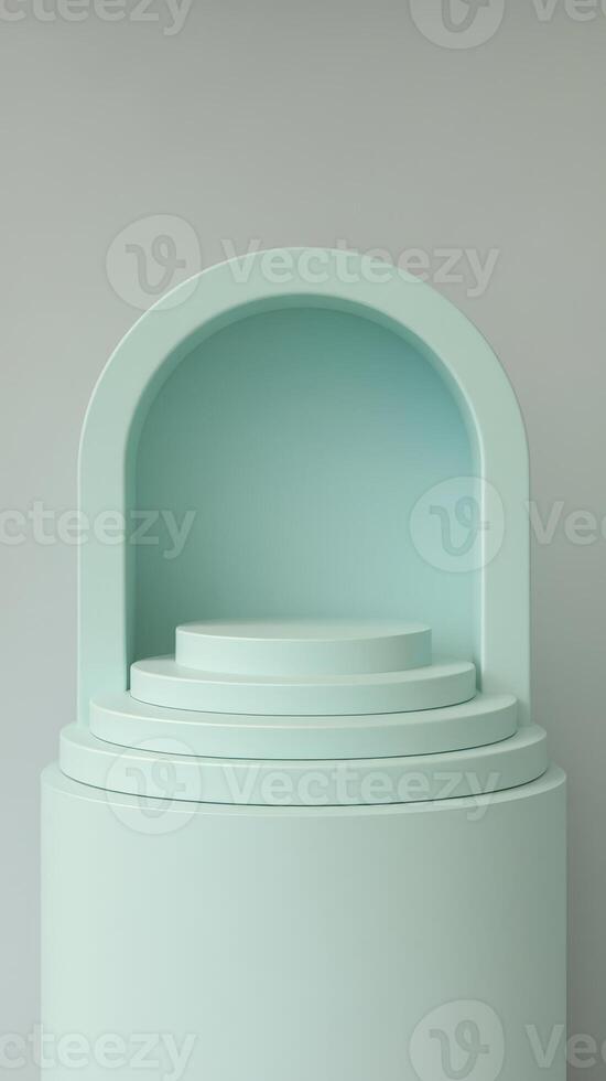 A white pedestal with a round top and a small window photo