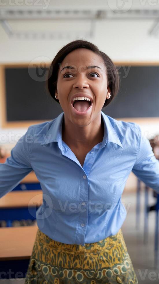 An angry black woman in a classroom with her arms wide open photo
