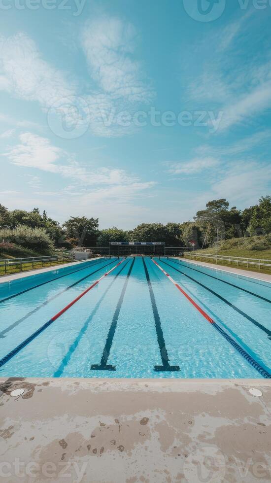 An empty swimming pool with blue sky and trees photo
