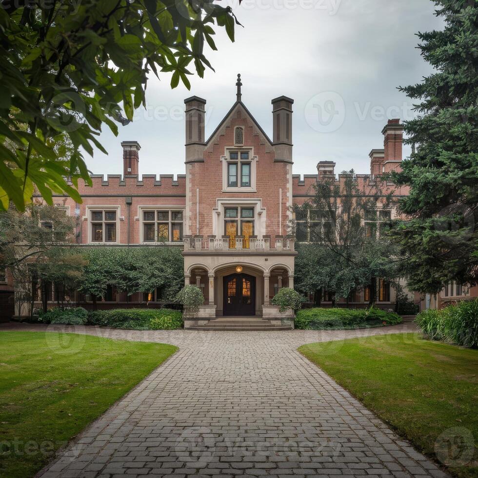 A large brick building with a driveway leading to it photo