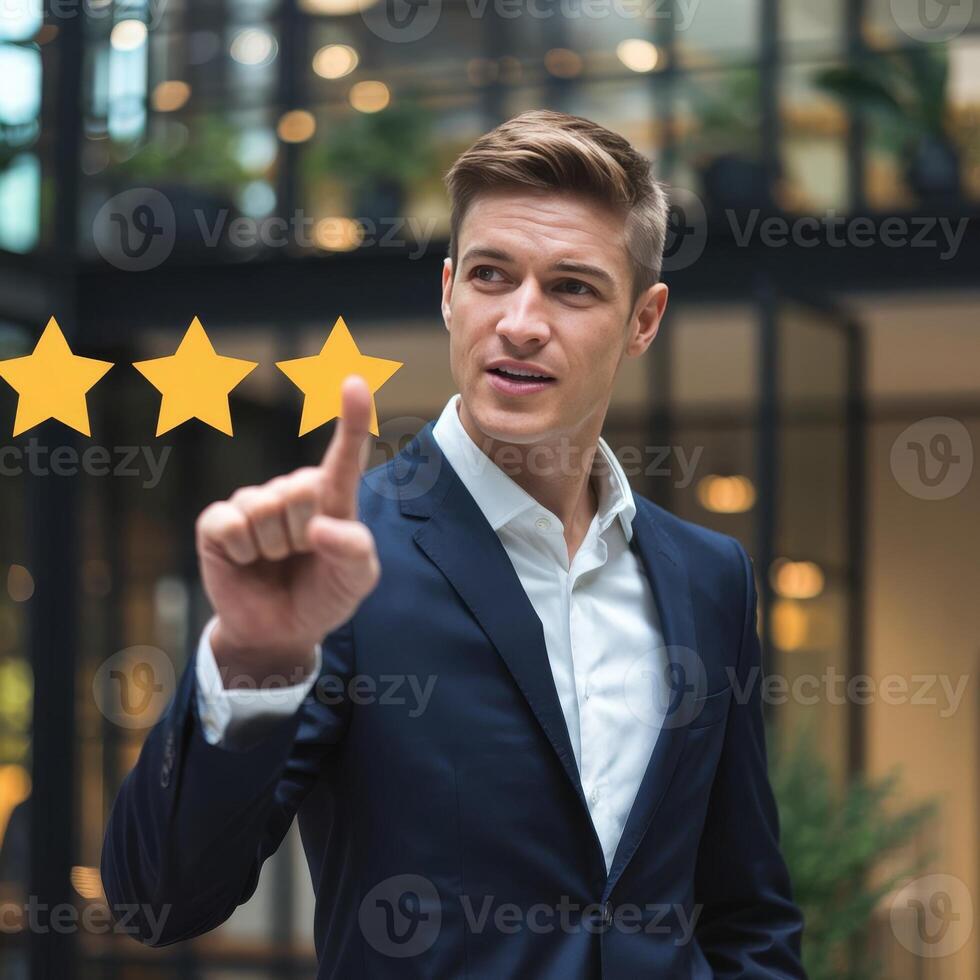 A man in a suit is pointing at five star rating photo