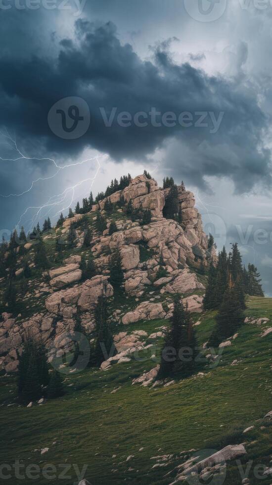 A mountain with trees and a stormy sky photo